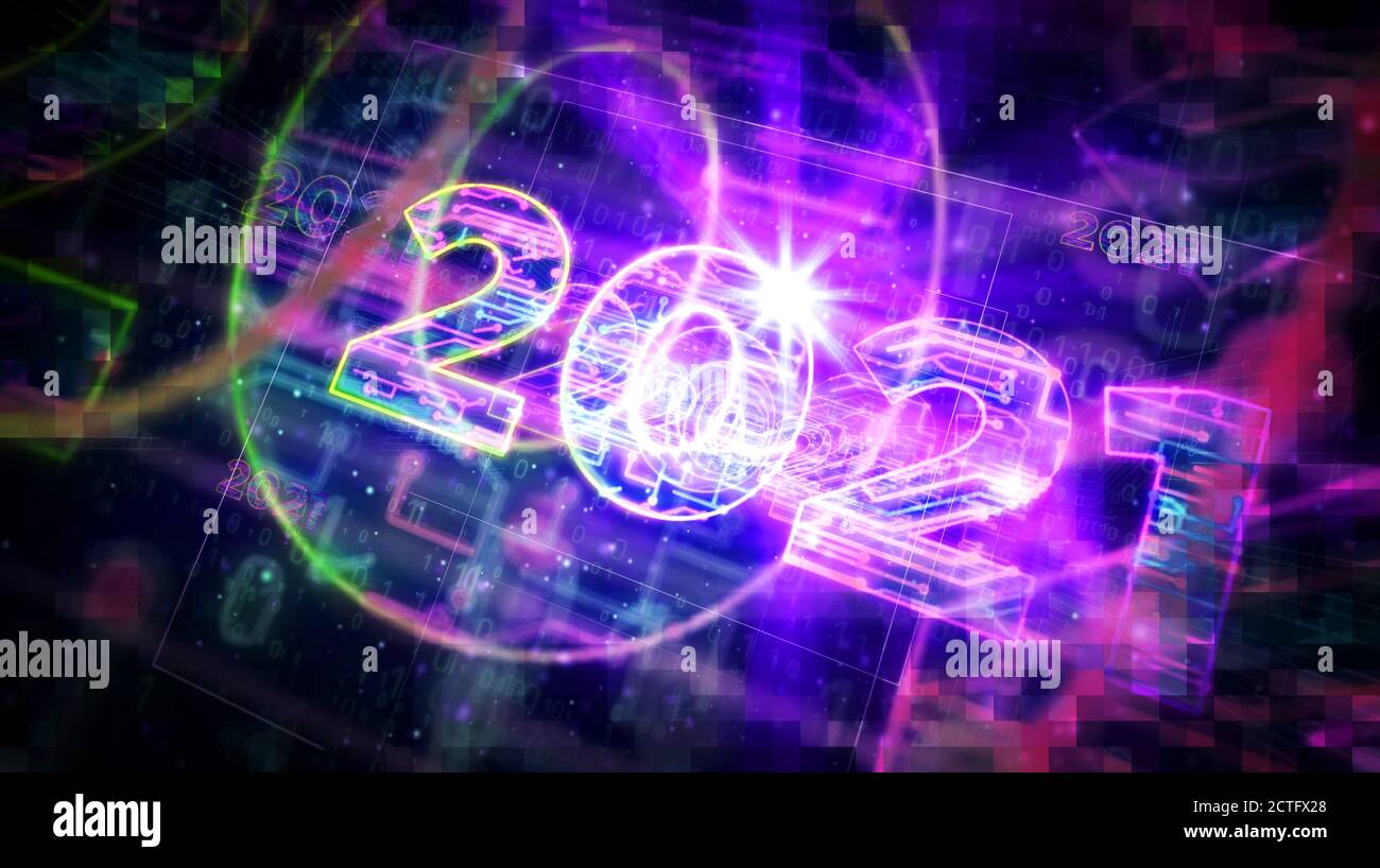 creazione di un progetto con un numero di 2021 anni. Illustrazione 3d del concetto astratto. Disegno di una linea di schema digitale. Foto Stock