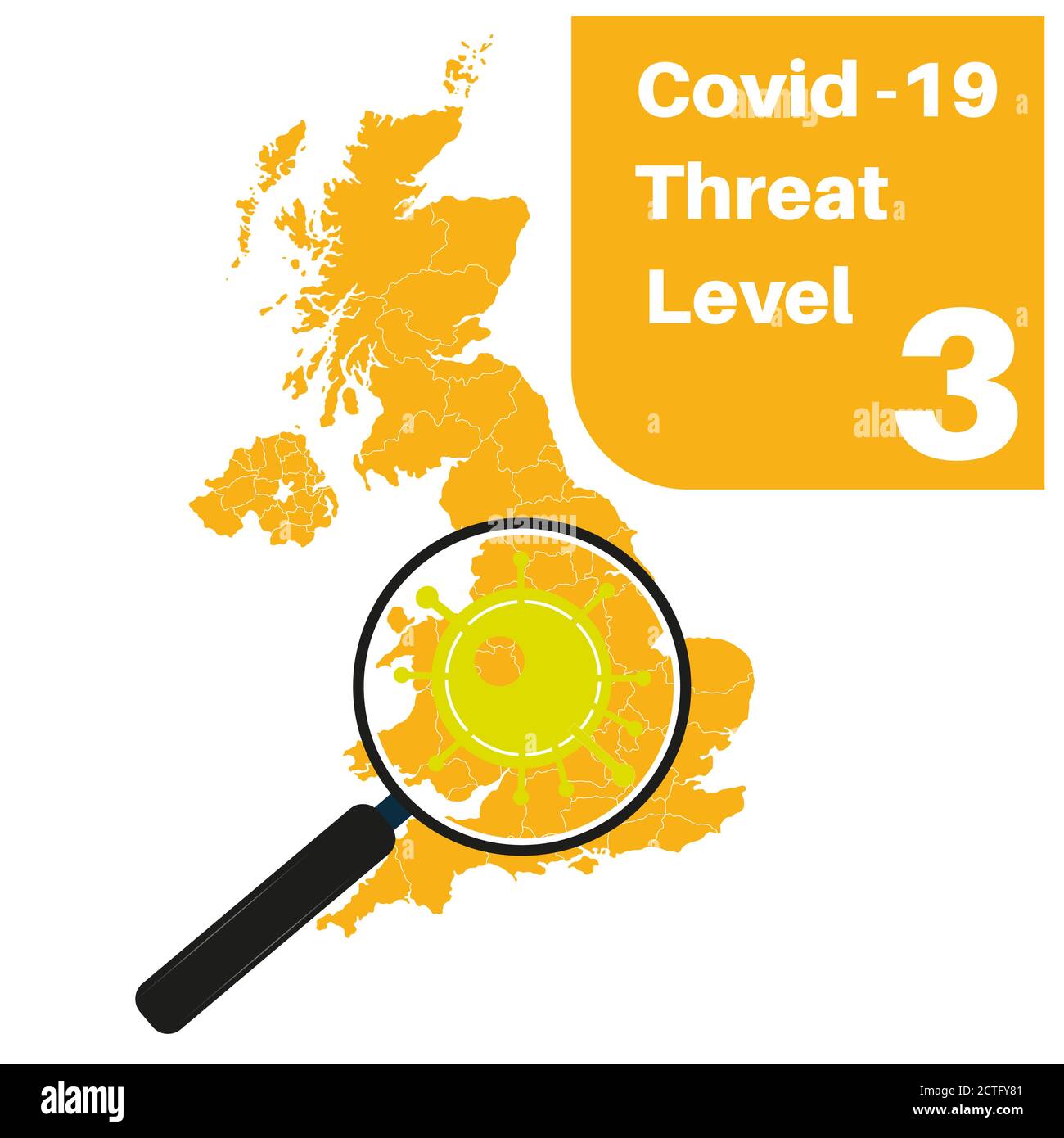 Covid-19 UK Threat Level 3 (giallo) con mappa e ingrandimento vetro Illustrazione Vettoriale