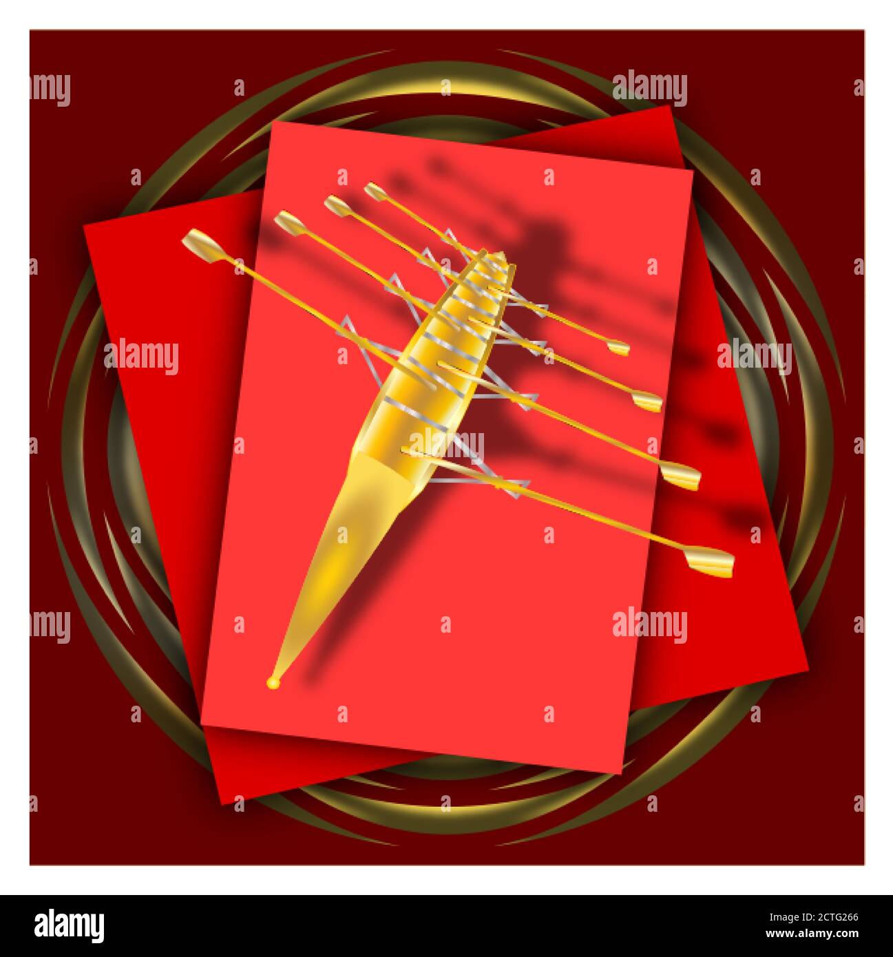 Barca a remi in oro su uno sfondo di piazze rosse e onde dorate. Illustrazione vettoriale Illustrazione Vettoriale