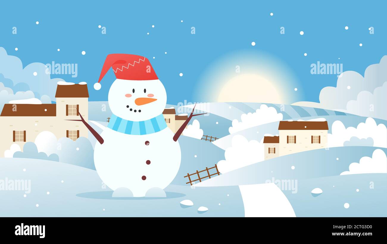 Paesaggio invernale con illustrazione vettoriale pupazzo di neve. Cartoon piano gelo villaggio nevoso paesaggio, simpatico snowman in cappello rosso in piedi accanto alla strada della neve e case coloniche, vacanze invernali neve xmas scena sfondo Illustrazione Vettoriale
