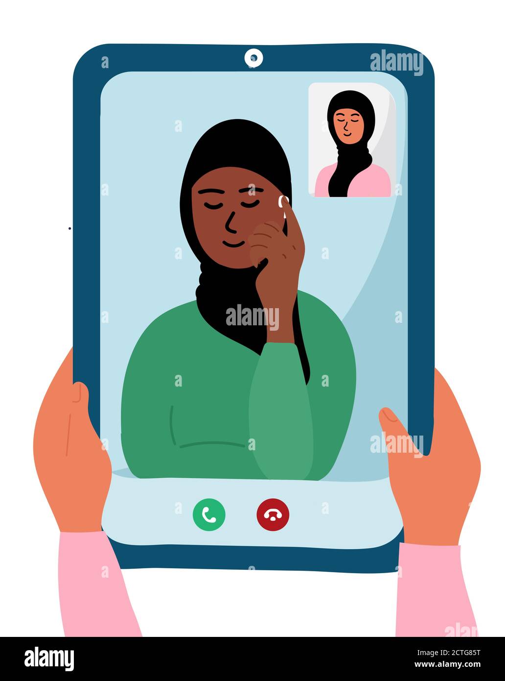 Due donne arabe in hijab sono sullo schermo del dispositivo tablet. Le mani femminili stanno tenendo lo smartphone con la videochiamata. Musulmano. Amicizia. Vettore Illustrazione Vettoriale