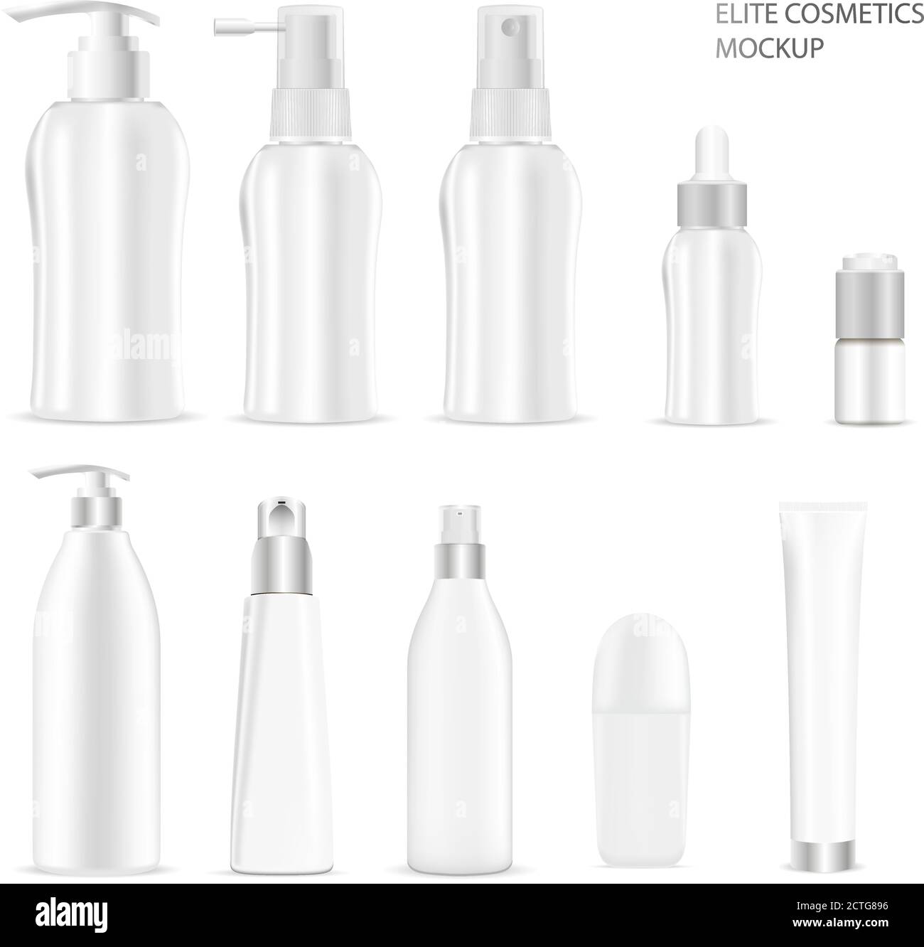 Set di imballaggio per bottiglie cosmetiche bianche. Illustrazione vettoriale dei cosmetici d'elite: Bottiglie con spray, dispenser e contagocce, tubo per crema, deodorante Illustrazione Vettoriale