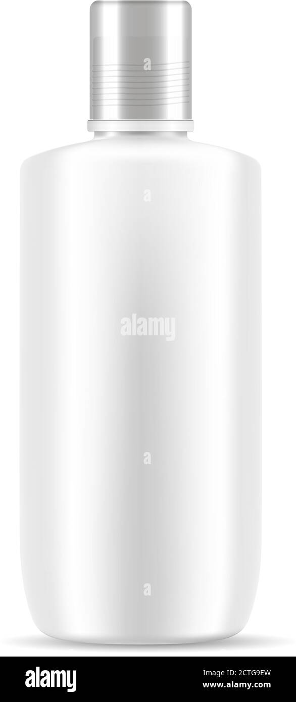 Shampoo bianco bottiglia cosmetica mockup. Immagine vettoriale 3d realistica della confezione cosmetica con coperchio in argento. Cancella modello vuoto per il tuo progetto. Illustrazione Vettoriale