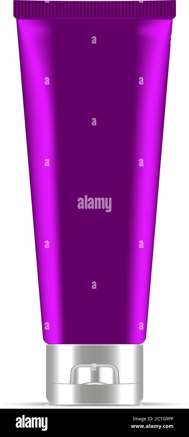 Tubo cosmetico color crema viola o unguento con coperchio bianco. Illustrazione realistica del pacchetto vettoriale. modello 3d mockup isolato su bianco. Illustrazione Vettoriale
