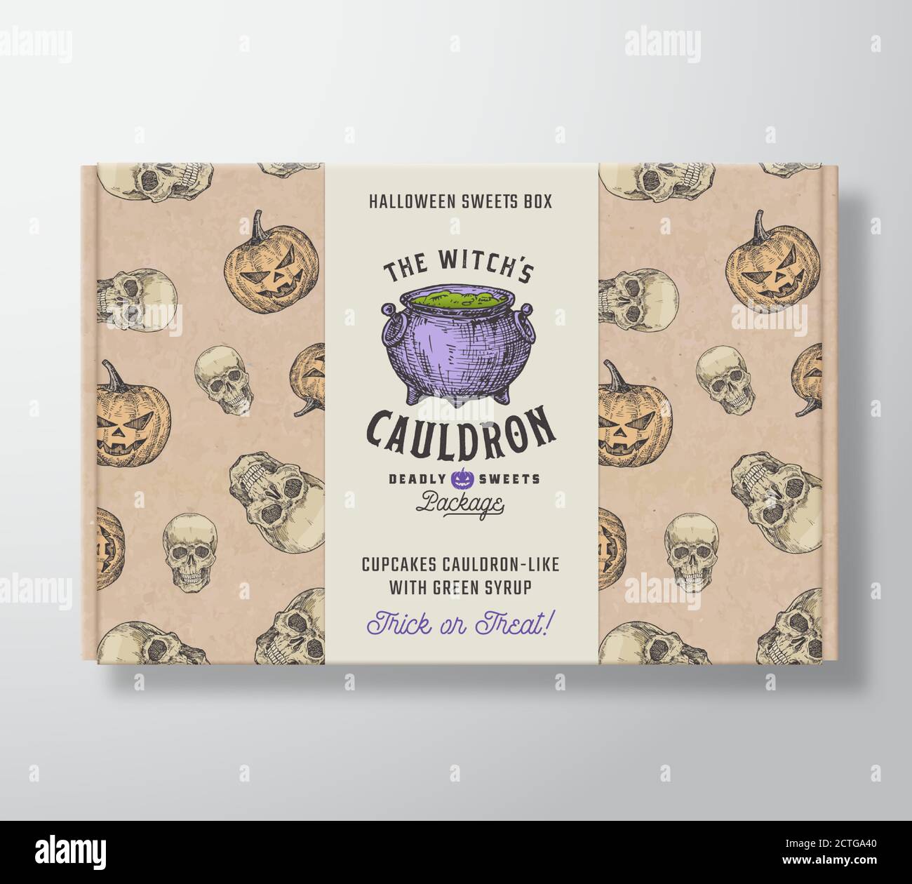 Halloween dolci modello scatola di cartone realistico con banner. Disegno o etichetta astratta del packaging vettoriale. Cauldron Witch disegnato a mano, Pumpkins e. Illustrazione Vettoriale