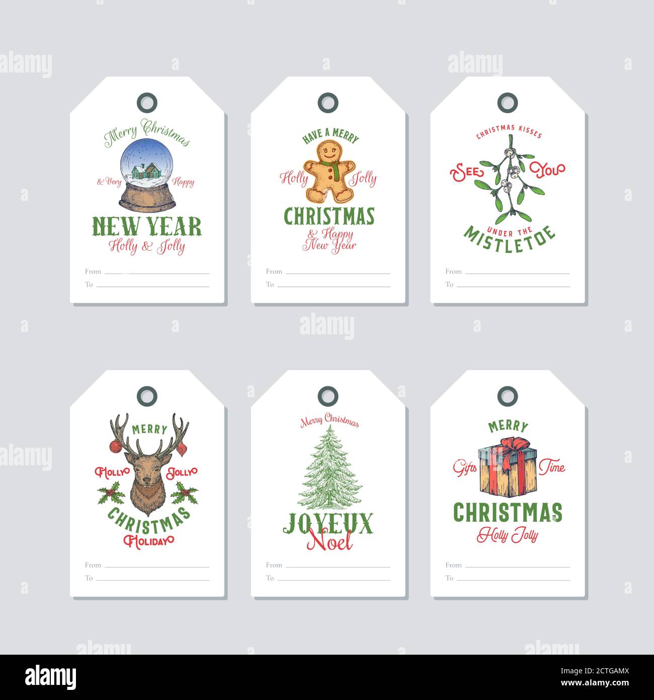 Set di modelli di etichette o etichette regalo a colori vivaci pronti per Natale e Capodanno. Renna disegnata a mano, uomo cookie, Mistletoe, palla di neve, pino e. Illustrazione Vettoriale