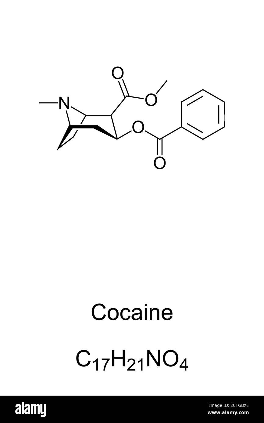 La cocaina, nota anche come coke, struttura chimica. Una droga ricreativa forte e stimolante. Foto Stock