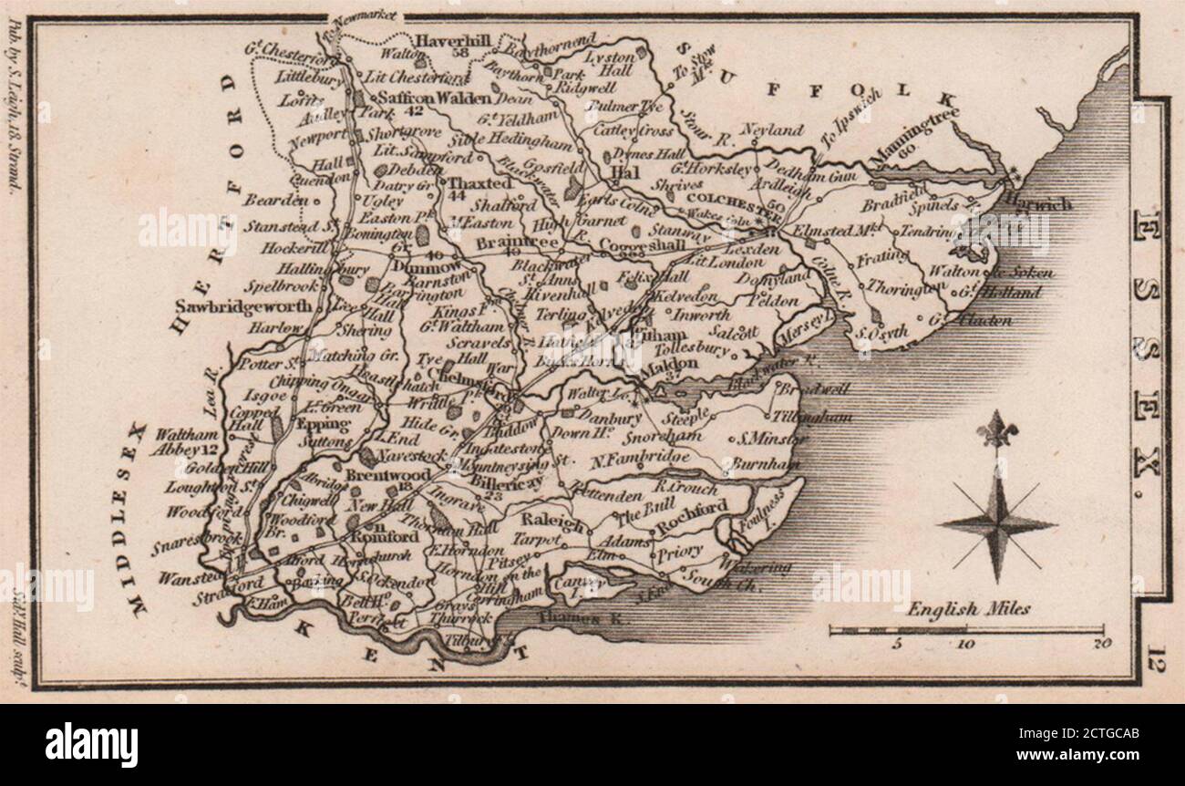 Mappa della contea in miniatura Essex di Samuel Leigh / Sidney Hall c1820 antico Foto Stock