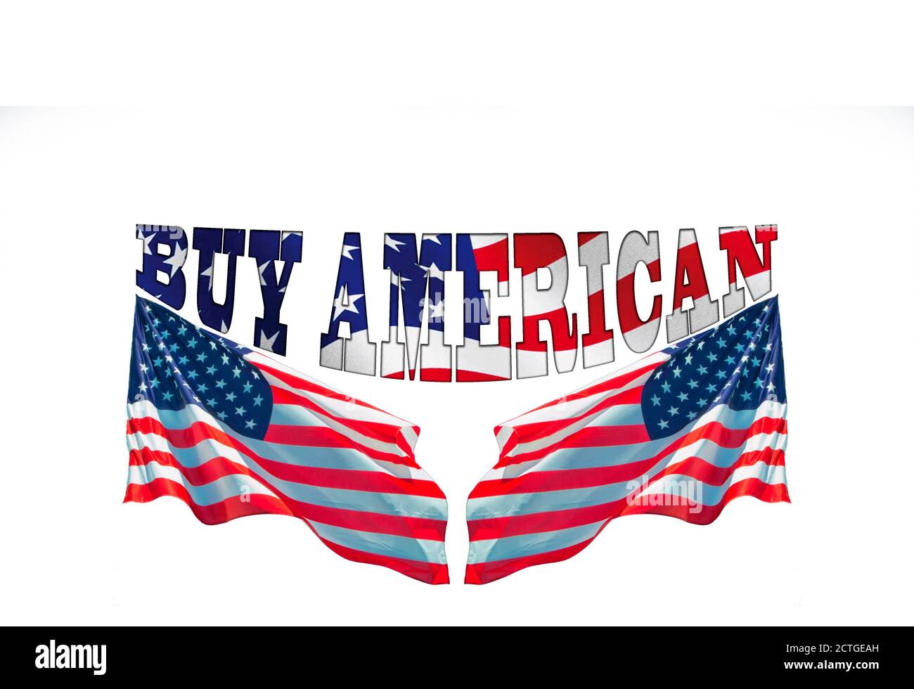 compri le parole americane con due bandiere degli stati uniti, concetto per comprare i prodotti americani Foto Stock