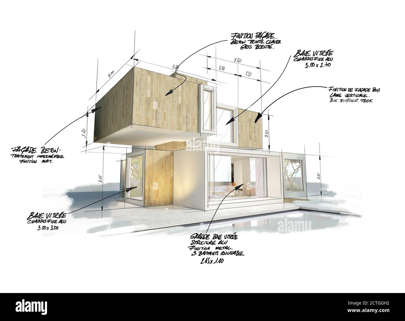 Rendering 3D di una moderna casa cubica con note, misure e indicazioni Foto Stock