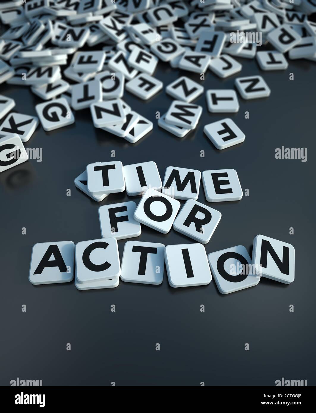 Rendering 3D delle parole tempo per l'azione writen in piastrelle di lettera Foto Stock