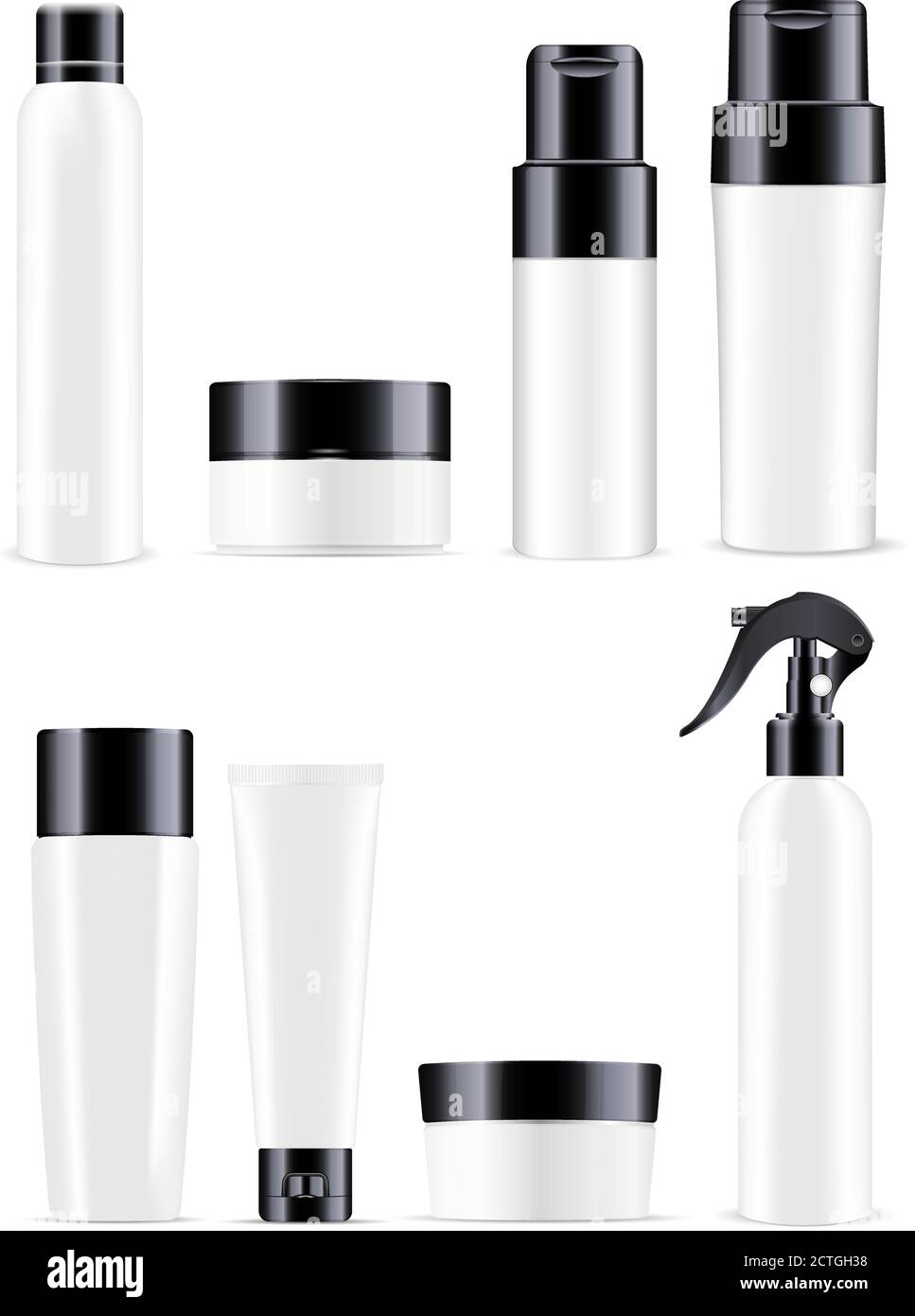 Grandi bottiglie cosmetiche confezionate in bianco e nero. Set mockup di vasetti per prodotti cosmetici. Deodorante, vasetti per crema, shampoo e bottiglie per balsamo, c Illustrazione Vettoriale