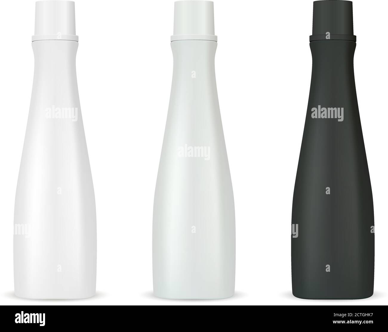 Confezione di bottiglie cosmetiche mockup per shampoo o gel doccia. Immagine vettoriale 3d realistica della confezione cosmetica con coperchio. Cancellare il modello vuoto per il Illustrazione Vettoriale