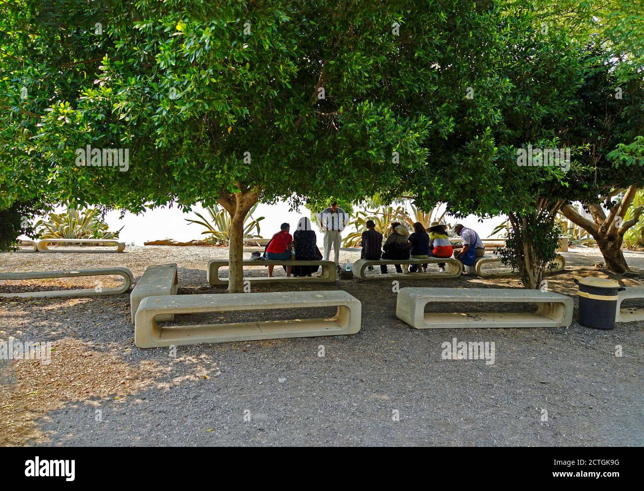 Gruppo di pellegrini in pellegrinaggio al Mare di Capernaum di Galilea, Israele Foto Stock