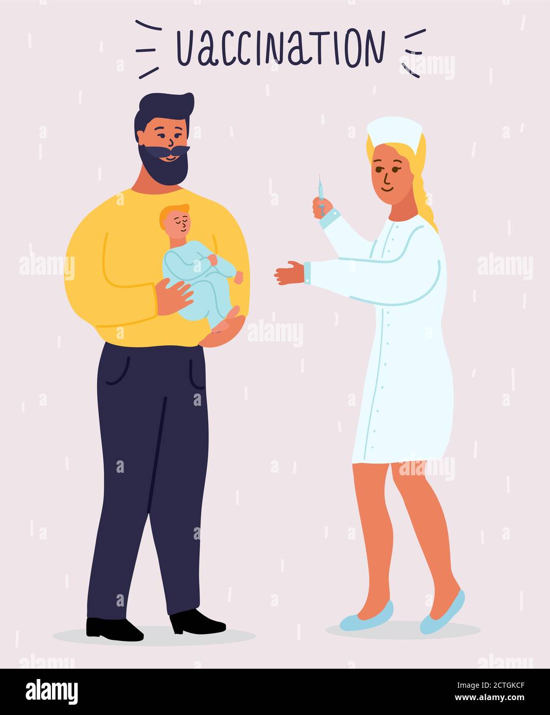 l'infermiera bionda dell'ospedale vaccina una bambina. Padre con barba tiene un bambino sulle sue mani. Vaccinazione di routine. Protezione contro l'influenza, il coronavirus Illustrazione Vettoriale