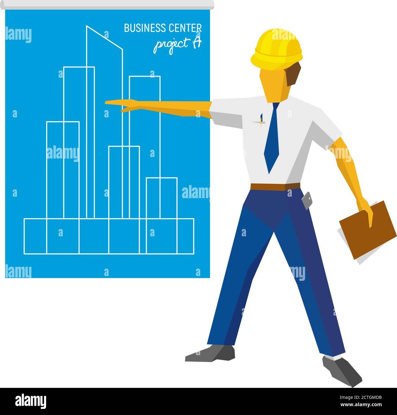 Ingegnere costruttore in casco mostra progetto. Architetto con carte in mano che dà la presentazione del nuovo business center. Clip art vettoriale piatta Illustrazione Vettoriale
