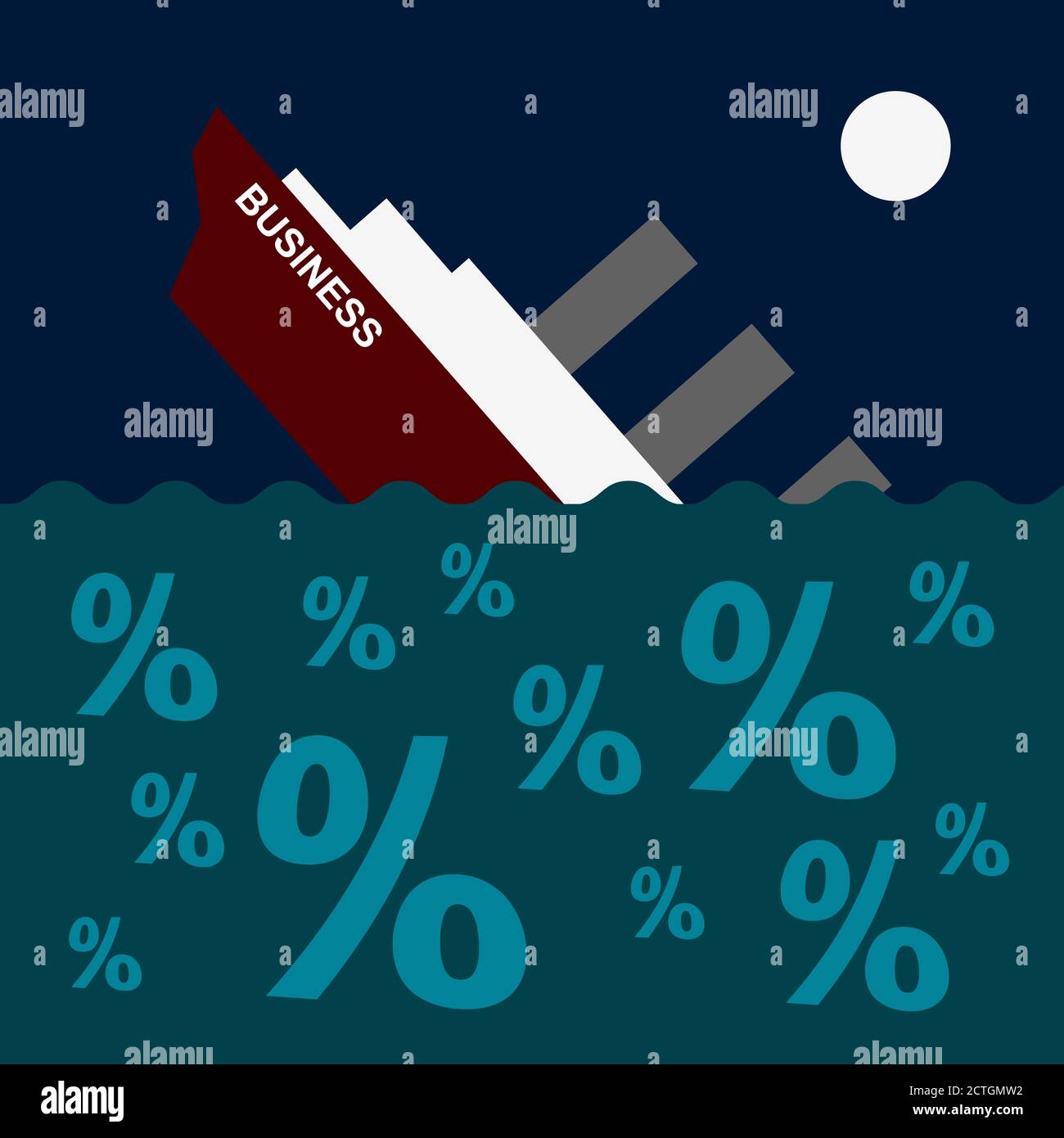 La nave sta affondando sul mare di segni percentuali. Concetto di business - barca annegata in debito e prestiti. Clip art vettoriale Illustrazione Vettoriale
