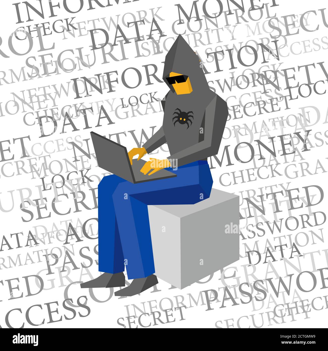 Computer hacker seduto con il portatile. Molte parole sulla sicurezza delle informazioni. Uomo con cappuccio nero e occhiali scuri che lavora con il computer. Cyber Illustrazione Vettoriale