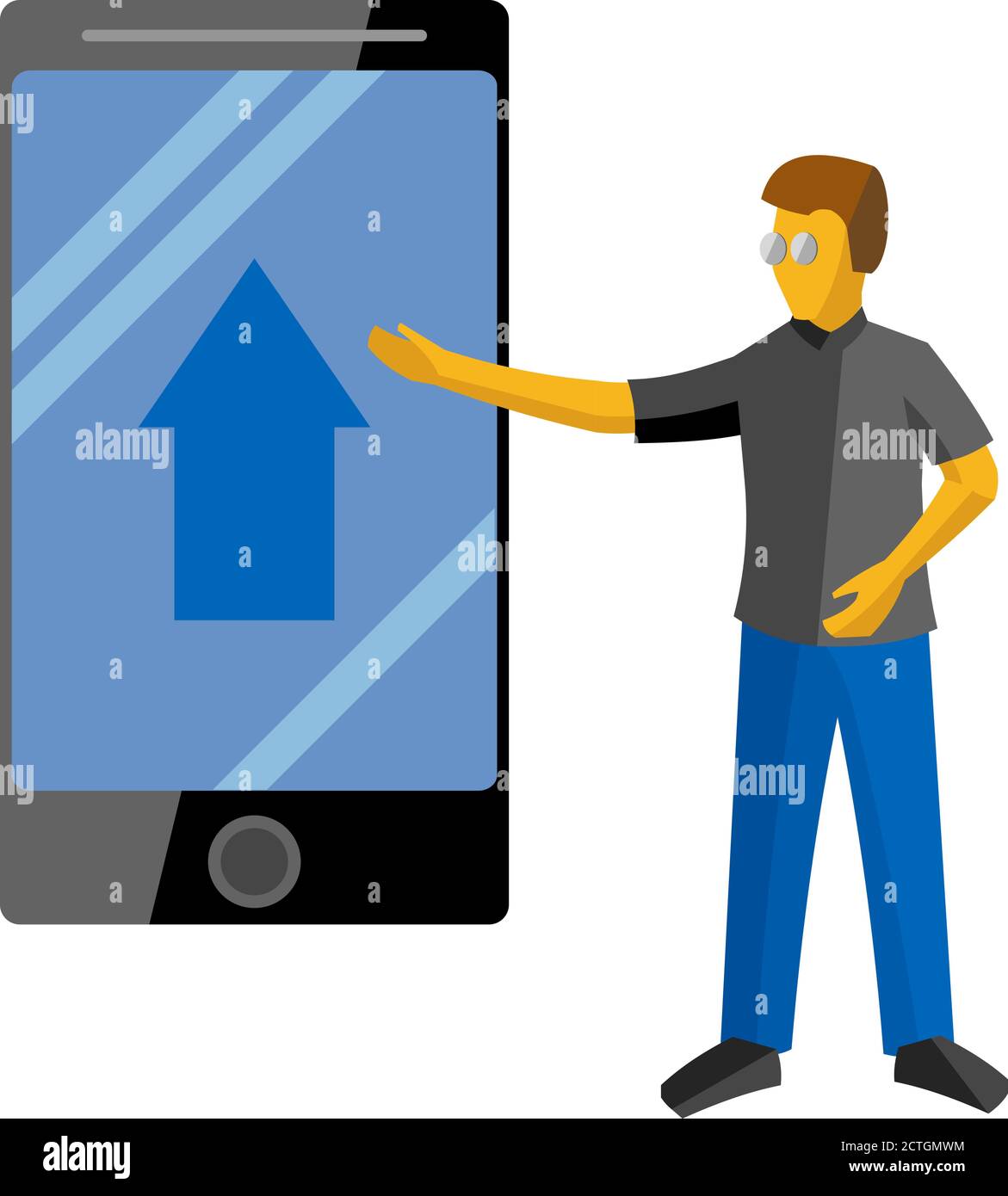 Il ragazzo in camicia nera e pantaloni blu presentano un nuovo grande telefono. Uomo isolato con smartphone gigante su sfondo bianco. Concetto aziendale. Illustrazione Vettoriale