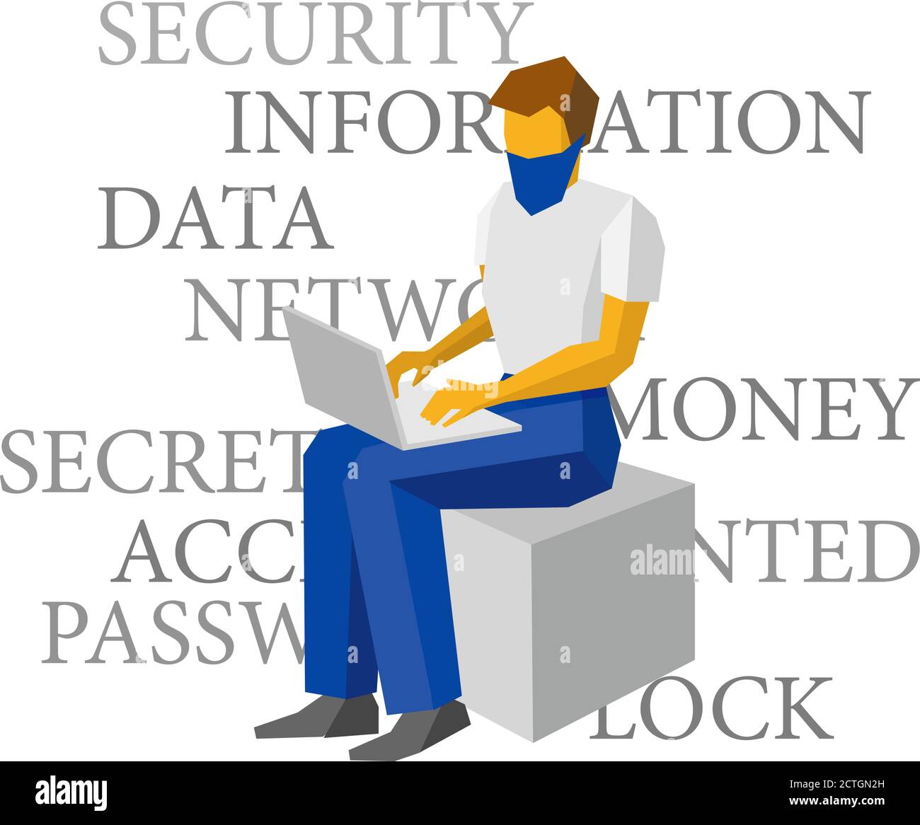 Computer hacker seduto con il portatile. Molte parole sulla sicurezza delle informazioni. Uomo in maschera che lavora con il computer. Concetto di Cyber Crime - flat vec Illustrazione Vettoriale