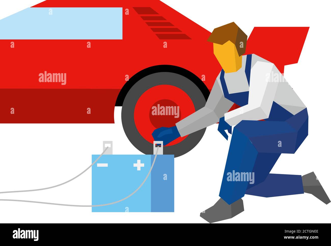 Batteria di ricarica meccanica per auto sportiva rossa. Uno specialista con accumulatore si trova vicino a un'auto. Illustrazione vettoriale in stile piatto isolata su sfondo bianco Illustrazione Vettoriale