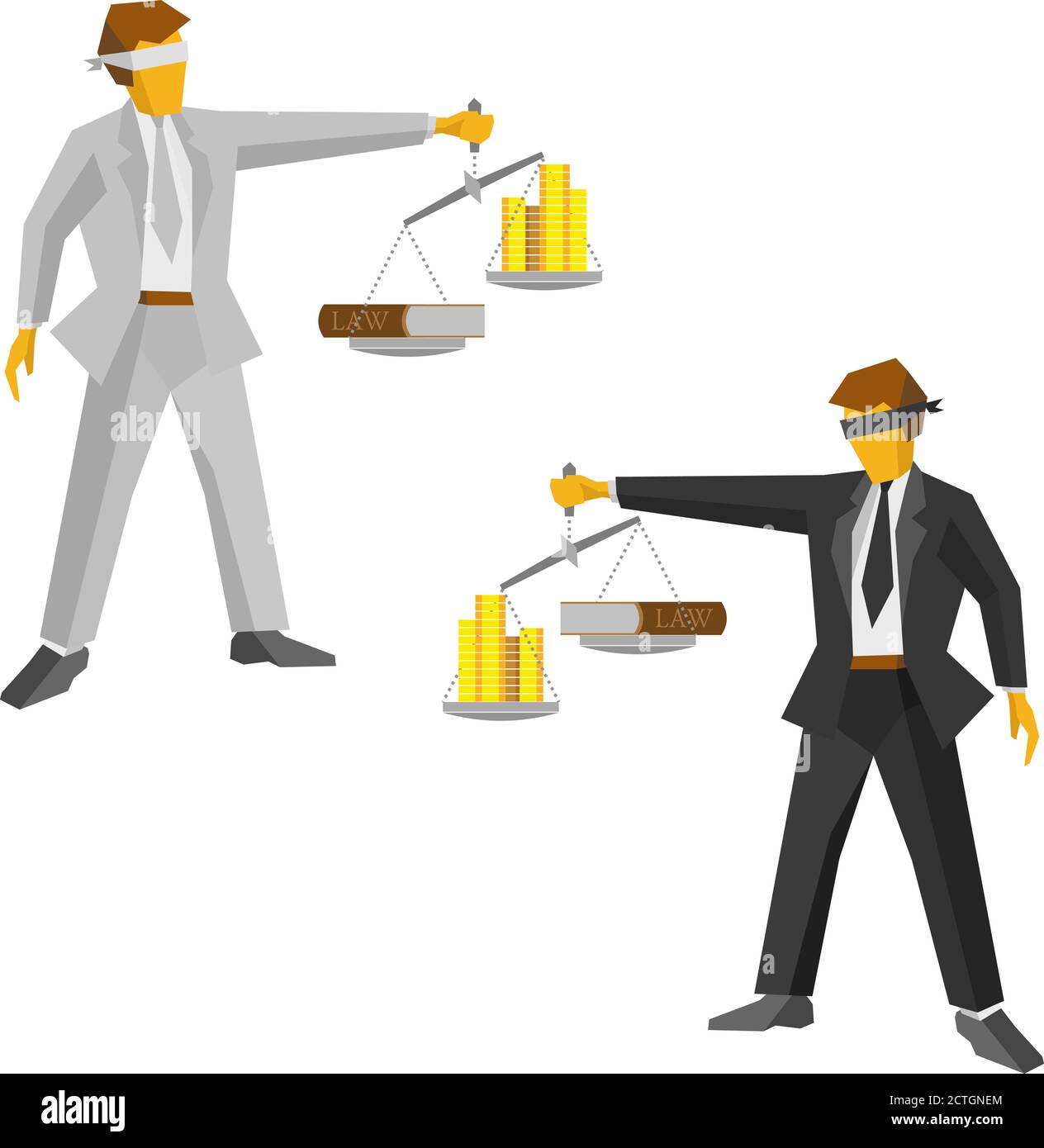 Due uomini in tute bianche e nere con equilibrio in mano, assomiglia a un dio della giustizia Themis (Femida). Soldi e libro di legge sulla bilancia. Con legale e legale Illustrazione Vettoriale