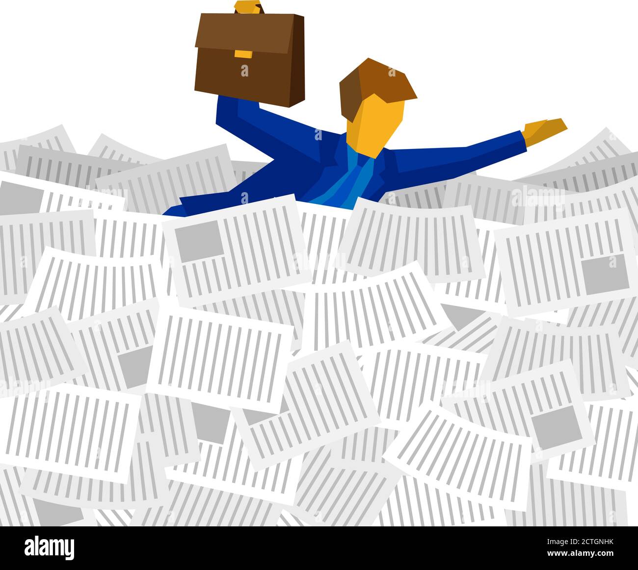 Uomo d'affari che galleggia sul mare della carta. Concetto di business - l'uomo in tuta blu con custodia in mano è annegato nei documenti. Clip art vettoriale Illustrazione Vettoriale