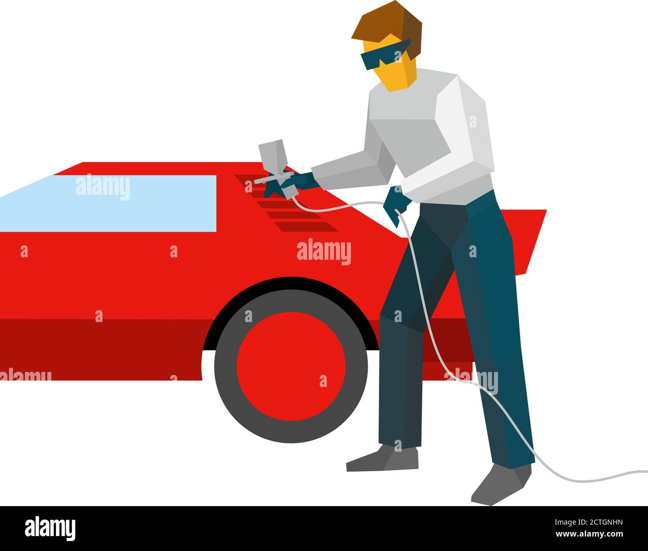 Verniciatura meccanica a spruzzo su auto sportiva rossa da polverizzatore. Verniciatura a spruzzo automatica con aerografo. Illustrazione vettoriale in stile piatto isolata su sfondo bianco Illustrazione Vettoriale