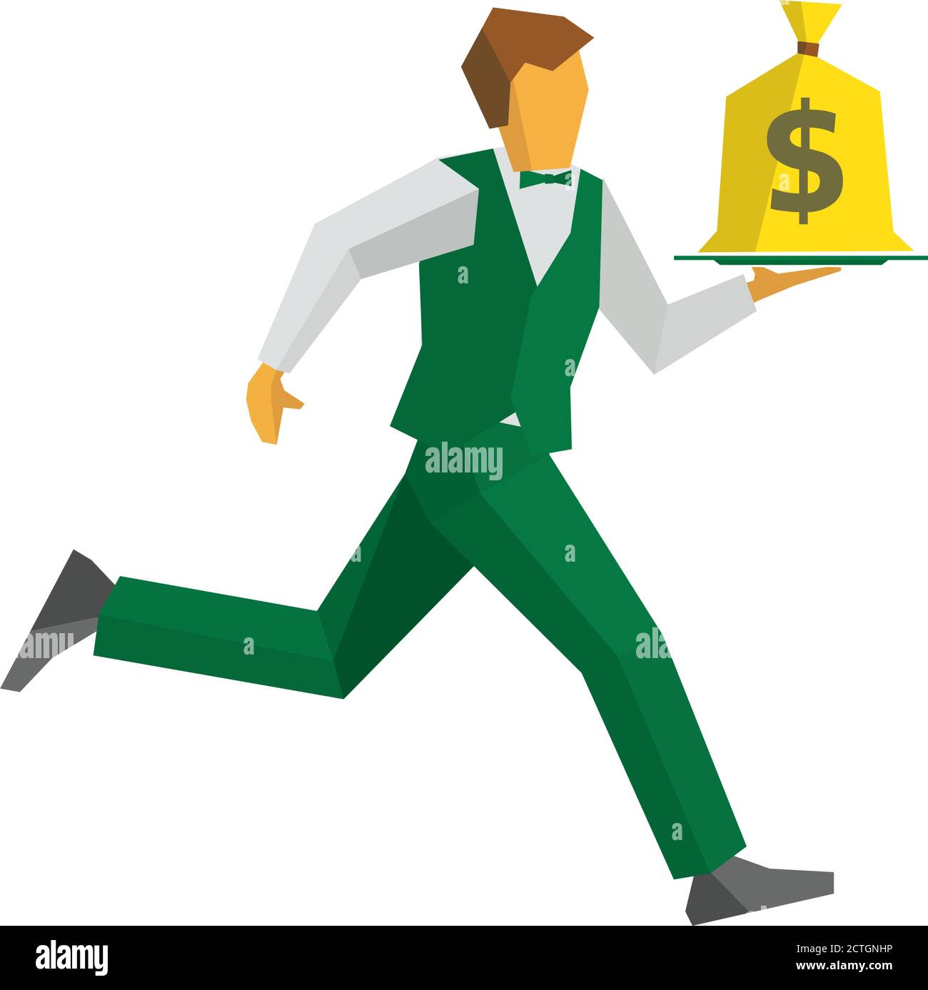 Cameriere in gilet verde e pantaloni corre con un sacchetto di soldi su un cartello Dollar vassoio su un sacchetto. Concetto di business - denaro facile, denaro in qualsiasi momento. Semplice fl Illustrazione Vettoriale
