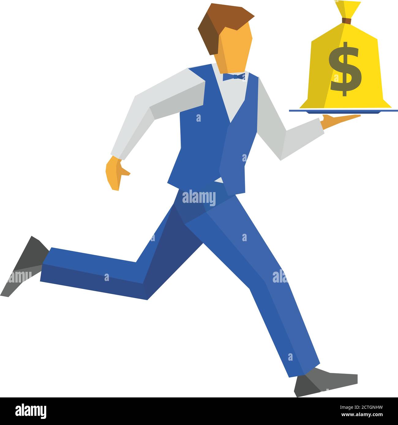Cameriere in gilet blu e pantaloni corre con un sacchetto di denaro su un cartello Dollar vassoio su un sacchetto. Concetto di business - denaro facile, denaro in qualsiasi momento. Fla semplice Illustrazione Vettoriale
