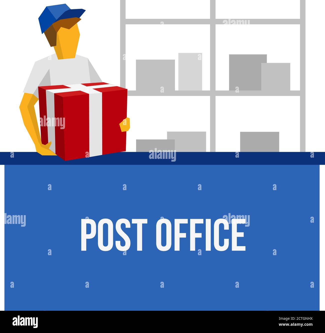 Uomo di consegna in uniforme blu contenente una confezione regalo rossa. Postino dietro il banco con pacco in ufficio postale. Molte sagome delle scatole sul retro. Semplice Illustrazione Vettoriale