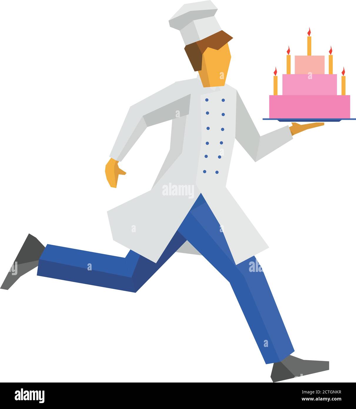 Chef in cappello bianco e cappotto corre con una torta su un vassoio per il compleanno o altre celebrazioni. Cucina o concetto di cibo. Clip vettoriale semplice e piatta Illustrazione Vettoriale