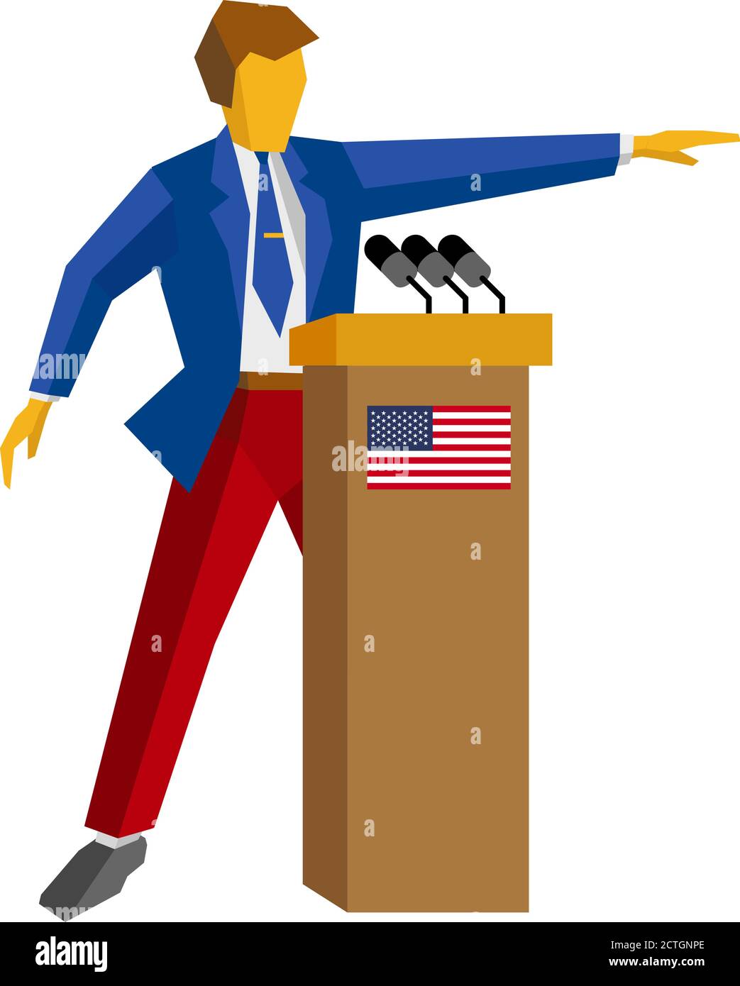 Altoparlante sul podio. Uomo in tuta rossa e blu in piedi al rostro con bandiera USA. Conferenza stampa del candidato, dibattito, intervista. Vettore di disegno piatto il Illustrazione Vettoriale