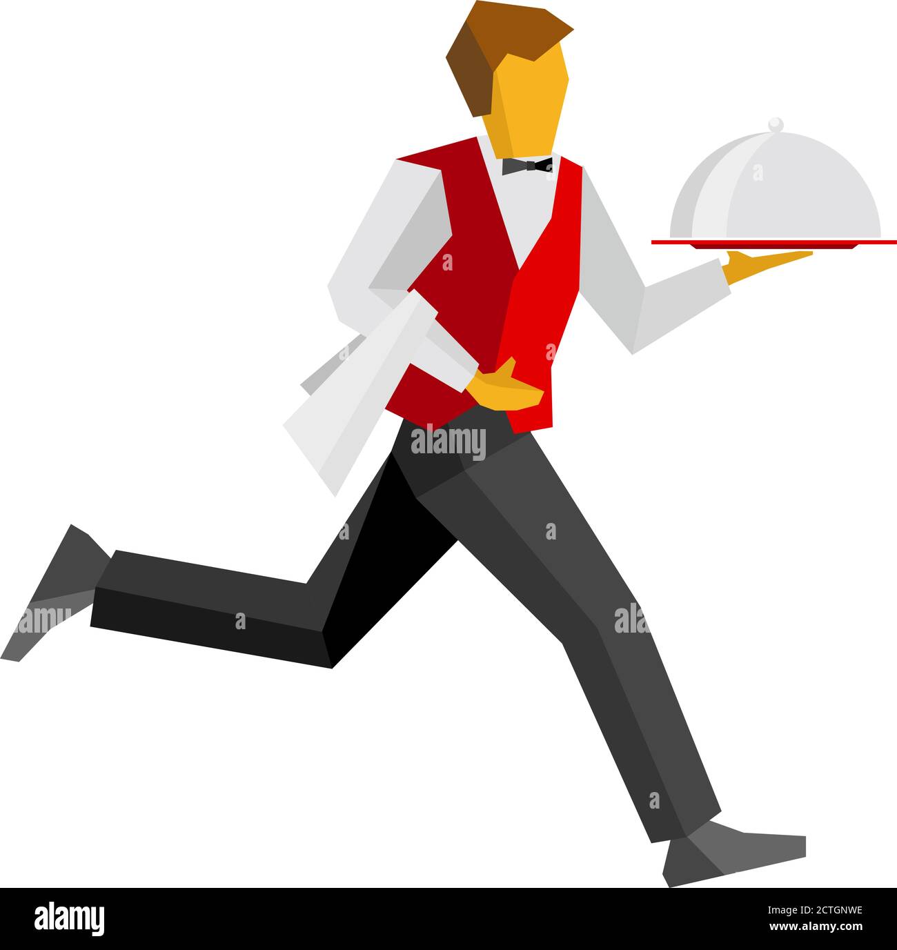 Cameriere in gilet rosso e pantaloni neri che corrono con pranzo su piatto. Concetto di catering veloce per ristorante o bar banner. Semplice isolamento della persona vettoriale Illustrazione Vettoriale
