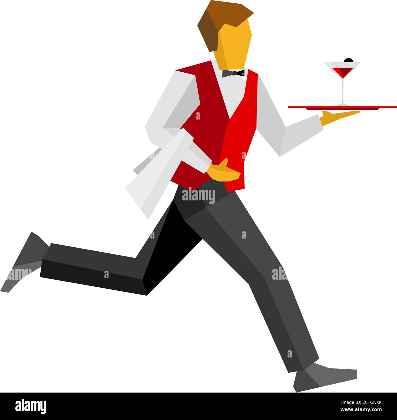 Cameriere in gilet rosso e pantaloni neri che corrono con cocktail sul vassoio concetto di catering. Semplice illustrazione vettoriale su sfondo bianco. Persona con alc Illustrazione Vettoriale
