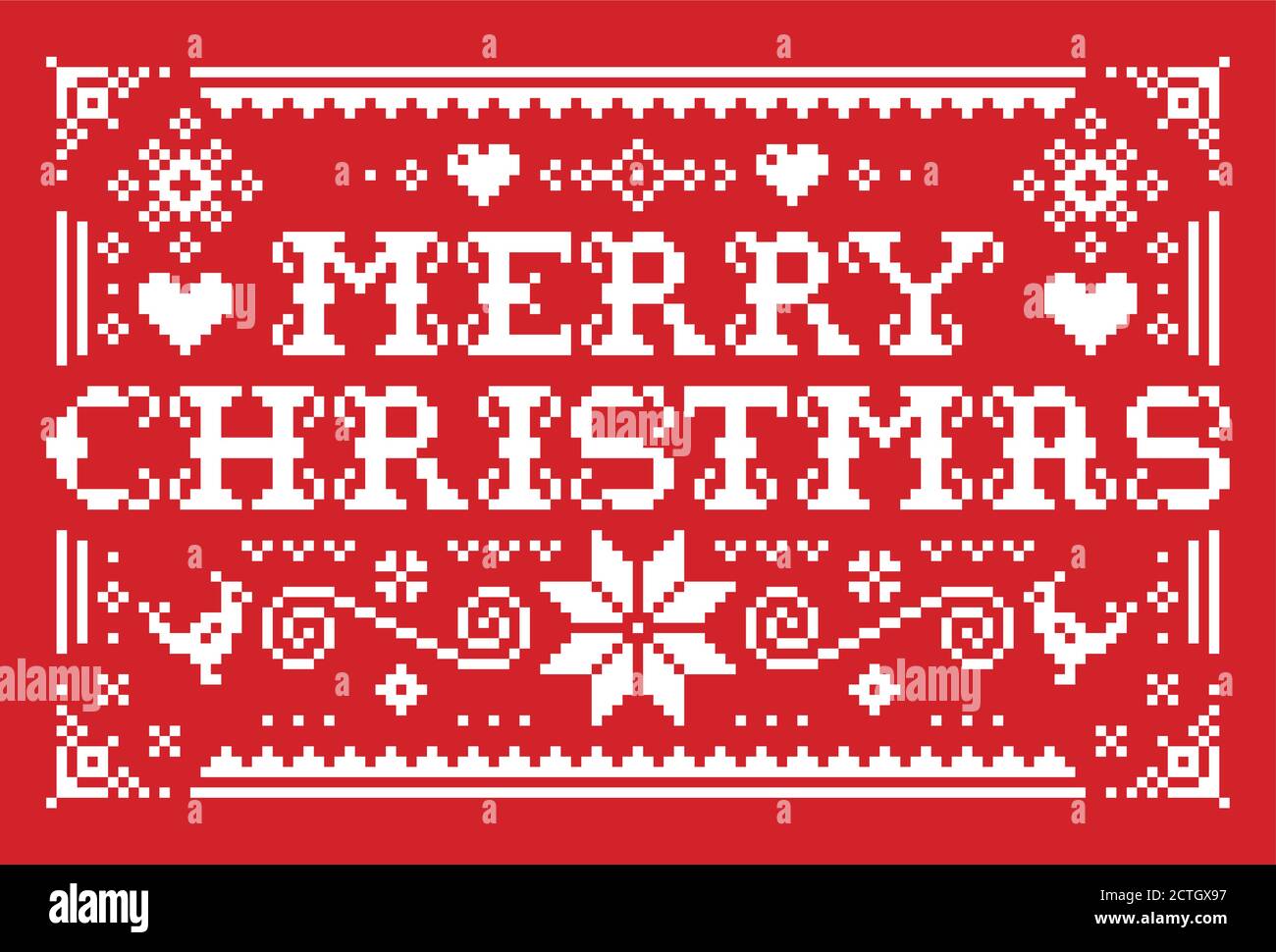 Allegro Natale vettore biglietto d'auguri modello in rosso su sfondo bianco - scandinavo maglia, disegno a punto croce Illustrazione Vettoriale