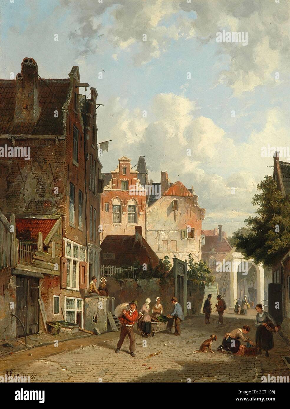 Eversen Adrianus - Hollands Straatje Met Groenteverkoopster - Scuola Olandese - 19 ° secolo Foto Stock