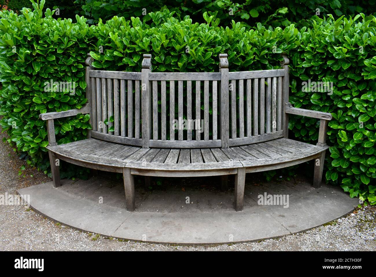 primo piano di insolita semi circolare, vuota panca rustica contro lussureggiante siepe verde esterno su lastre di pavimentazione in estate Foto Stock