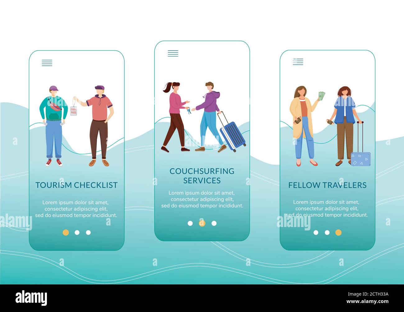Modello vettoriale dello schermo dell'app mobile per il turismo di bilancio Illustrazione Vettoriale