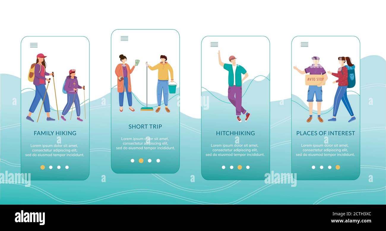 Modello vettoriale dello schermo dell'app mobile per il turismo di bilancio Illustrazione Vettoriale