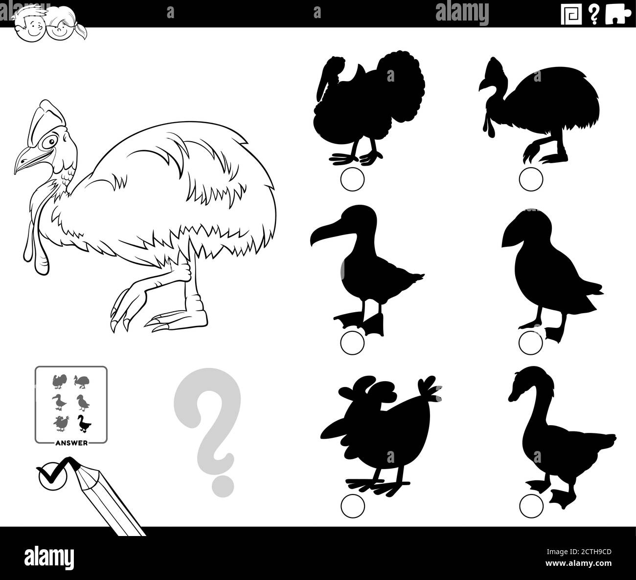 Cartoon bianco e nero illustrazione di trovare l'ombra di destra Al gioco educativo di immagine per i bambini con uccello di Flamingo Personaggio animale Colo Illustrazione Vettoriale