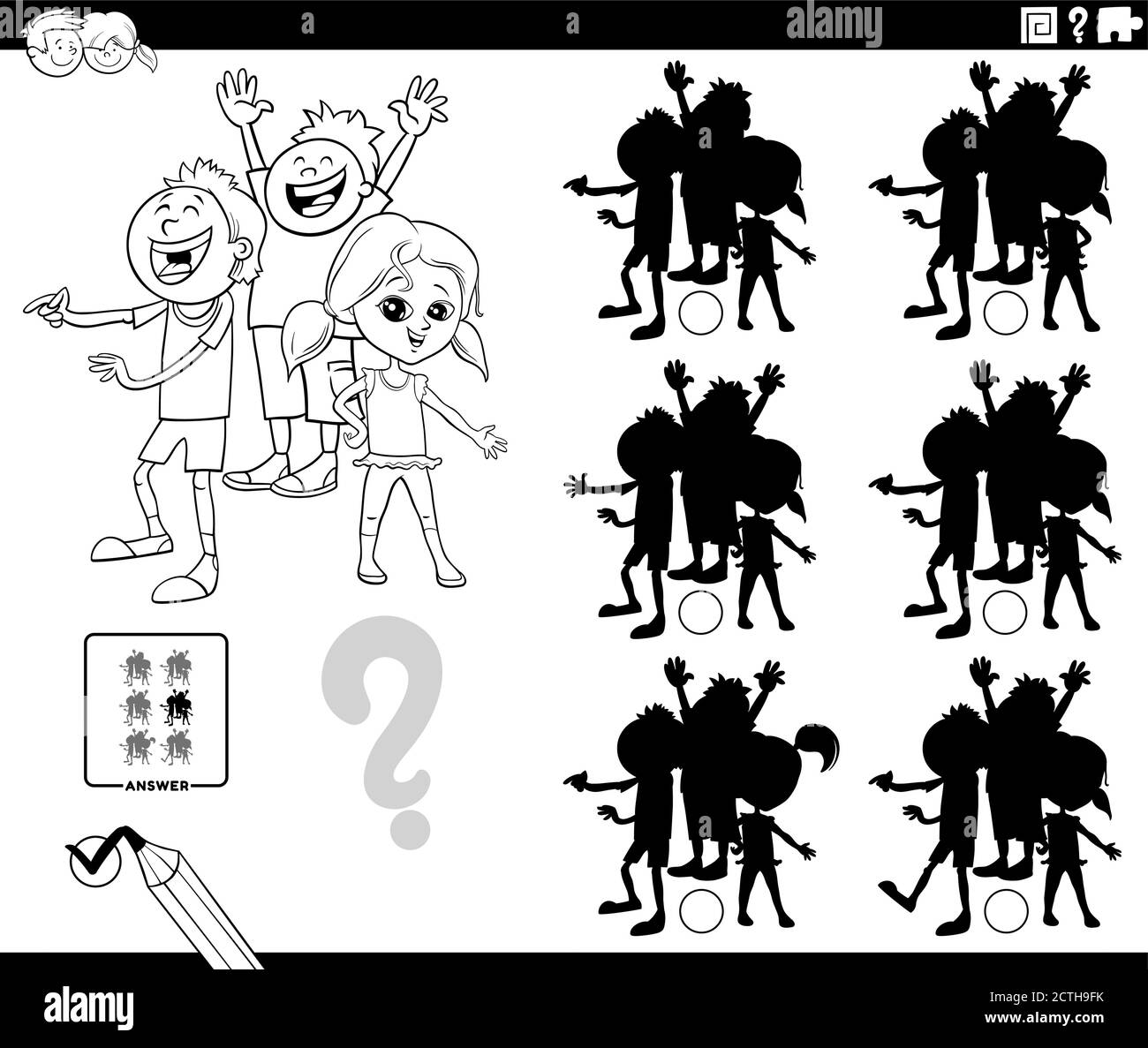 Cartoon bianco e nero Illustrazione di trovare l'ombra senza Differenze gioco educativo con i bambini Characterss Coloring Book Page Illustrazione Vettoriale