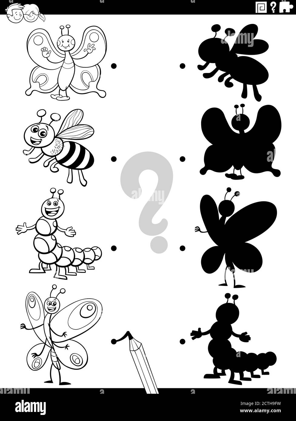 Cartoon bianco e nero Illustrazione di Match the Right Shadows Con immagini attività educativa per bambini con Insect caratteri colorare Pagina del libro Illustrazione Vettoriale