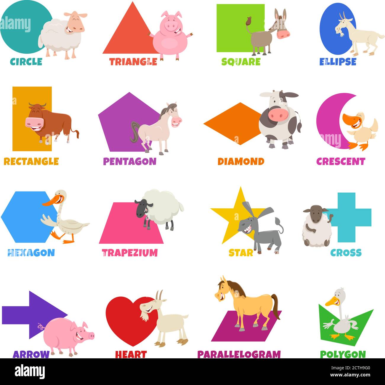 Cartoni didattici Illustrazione di forme geometriche con didascalie e Funny Animali da fattoria per bambini in età prescolare ed elementare Illustrazione Vettoriale