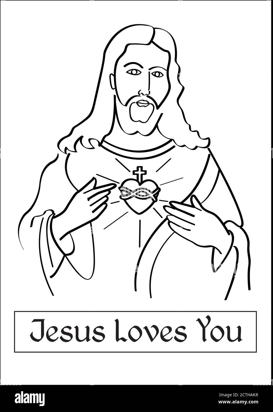 Gesù con gesù sacro cuore immagine con messaggi per le stampe t-shirt, libri, opere di dipinti per bambini, insegnanti di religione - Gesù vi ama Illustrazione Vettoriale