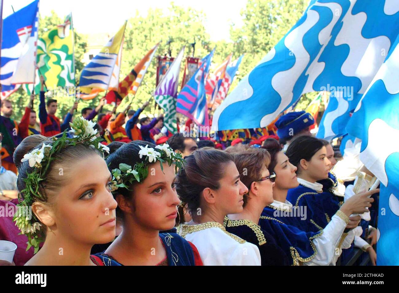 Asti, Piemonte, Italia -09/20/2015- Palio è una tradizionale festa di origini medievali e mostra di bandiere, processione storica Foto Stock