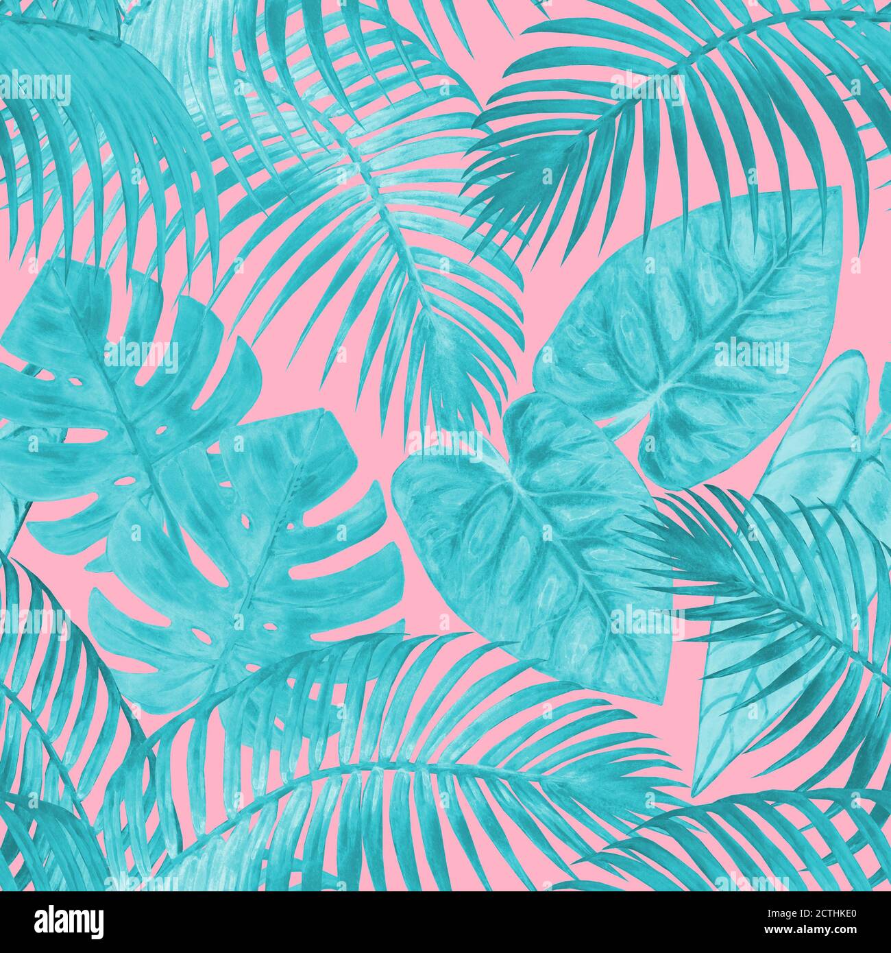 Acquerello astratto estate motivo senza giunture con piante tropicali turchesi di teal su sfondo rosa chiaro. Foglie esotiche disegnate a mano con acquerello. Stampa Foto Stock
