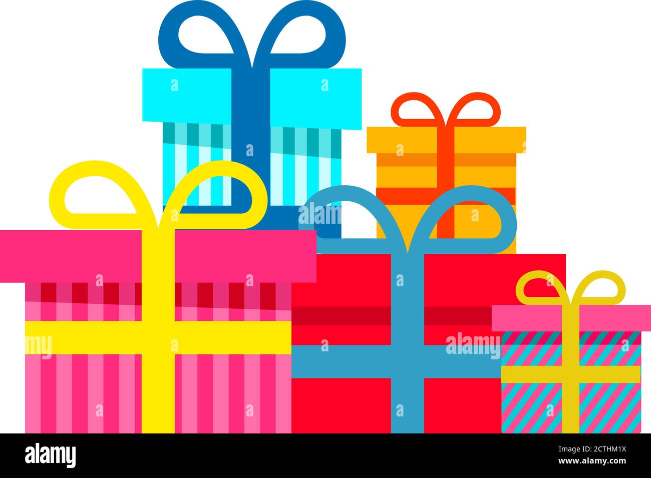Set di scatole regalo festive , con nastri. Flat Vector.presenta isolato su bianco compleanno, bhristmas. Illustrazione Vettoriale