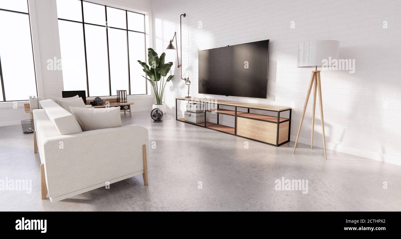 Smart TV sul cabinet in stile Loft soggiorno con Parete in mattoni bianchi  su pavimento in legno e divano poltrona.rendering 3D Foto stock - Alamy