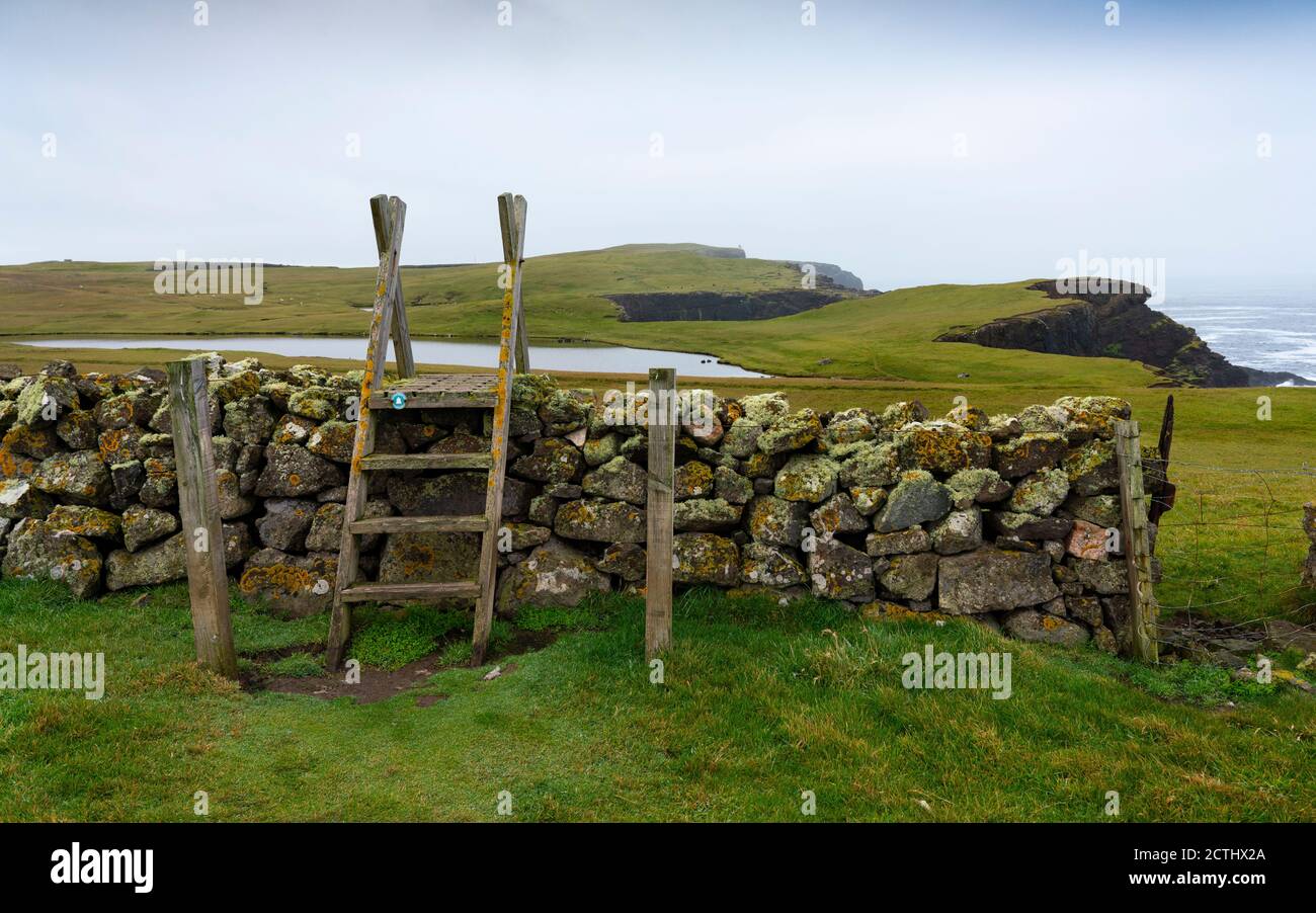 Sentiero e muro sulla costa di Eshaness a Northmavine , terraferma settentrionale delle Isole Shetland, Scozia, Regno Unito Foto Stock